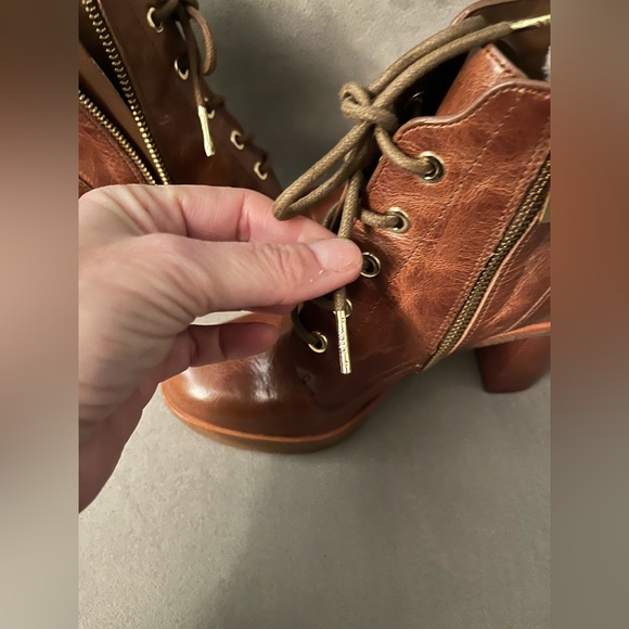 Michael Michael Kors Kim Dark Caramel Leather Lace Up Distressed Booties Size 5 - Picture 8 of 11
